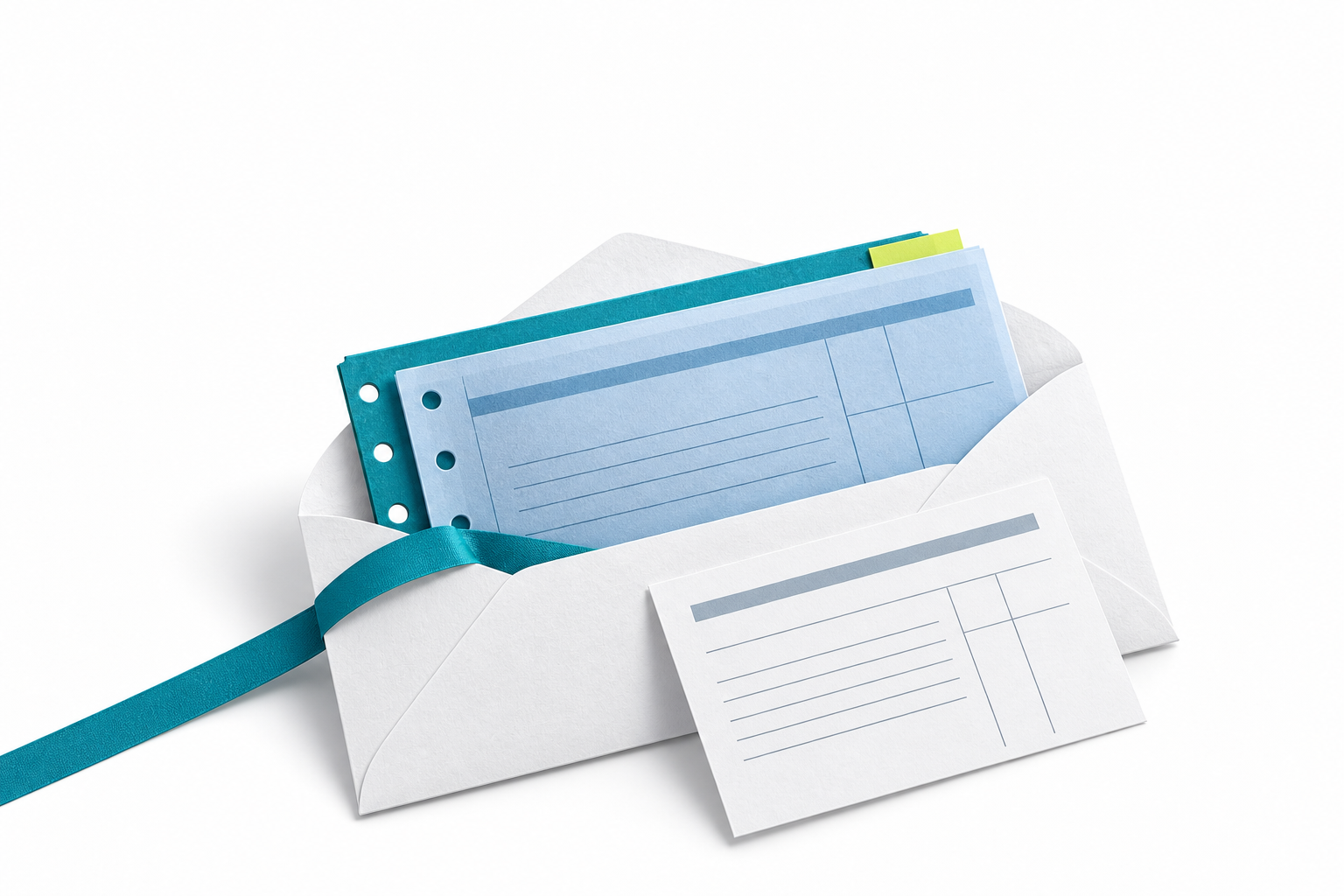 A documented record packet and summary sheet gathered into an open envelope for professional handoff.
