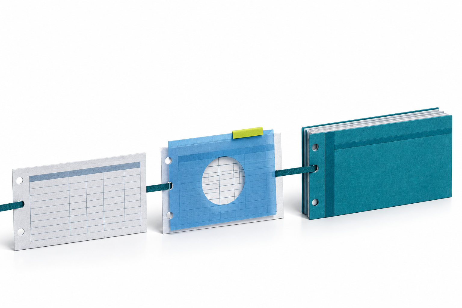 A payroll sheet, blue review overlay, and teal record packet linked in a three-stage employer workflow.