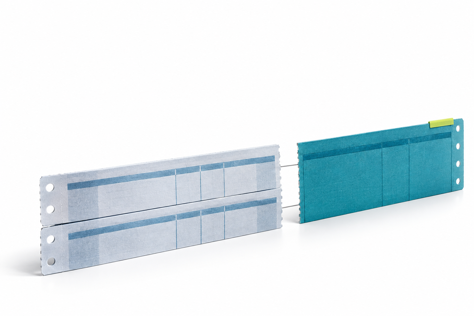 Two neutral payroll strips beside a separate teal strip, illustrating the regular portion and overtime premium.