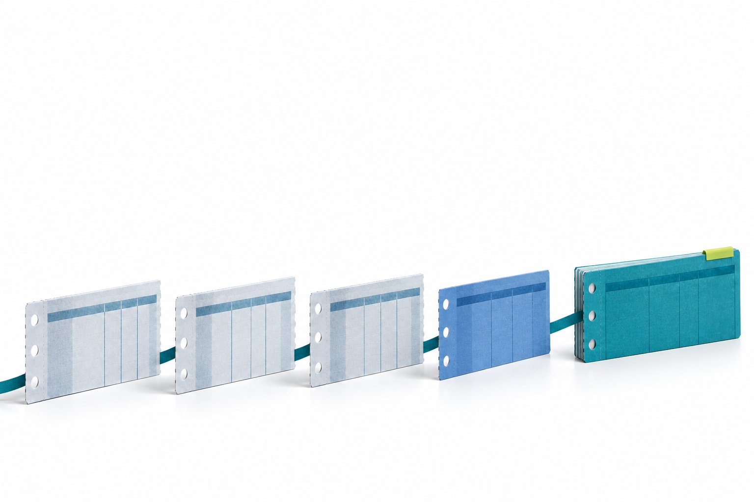 Four pay-period record sheets connected by a teal ribbon to a bound annual record.
