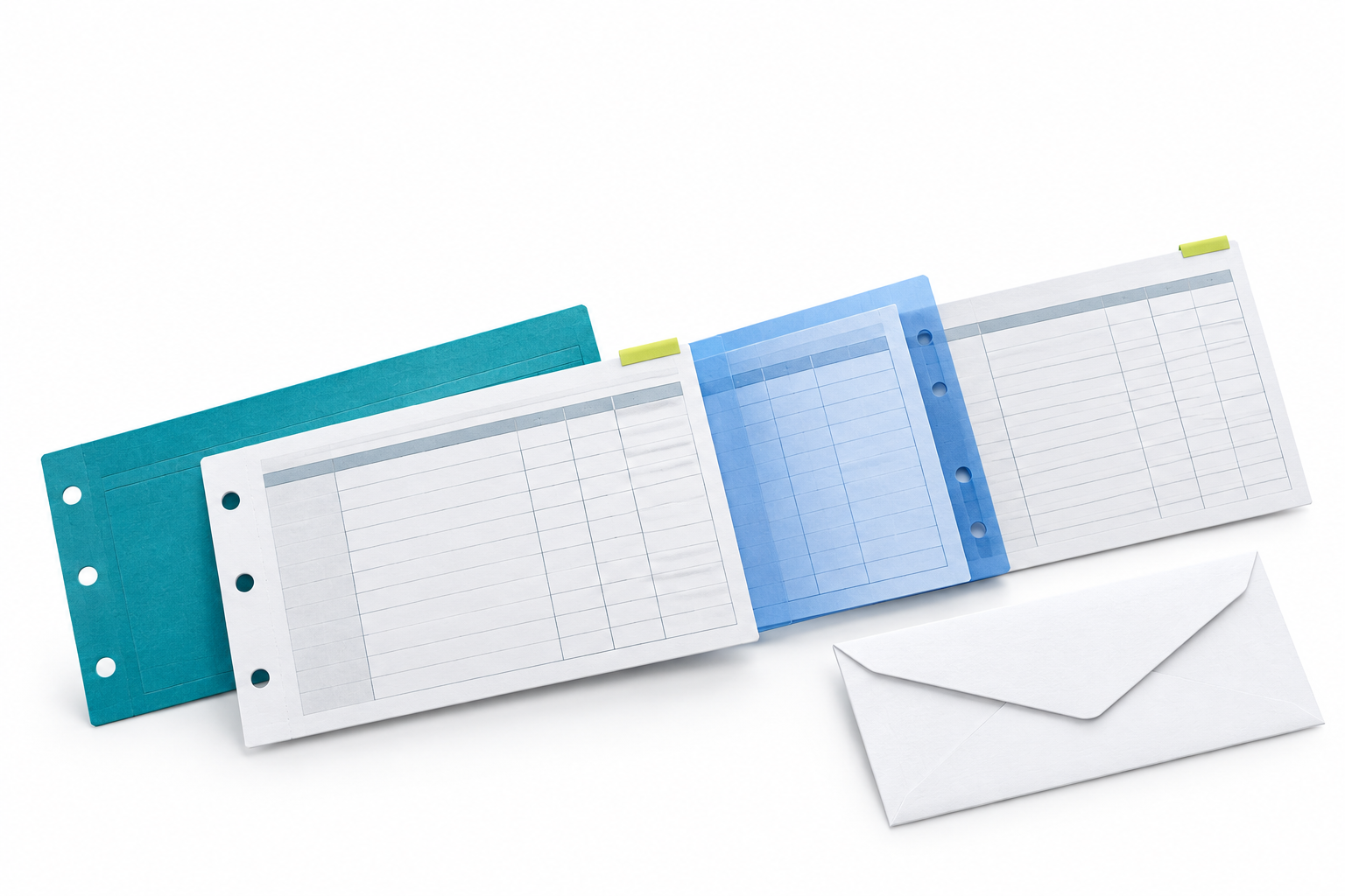 Concept illustration of blank tracking worksheets, colored dividers, and a white handoff envelope.